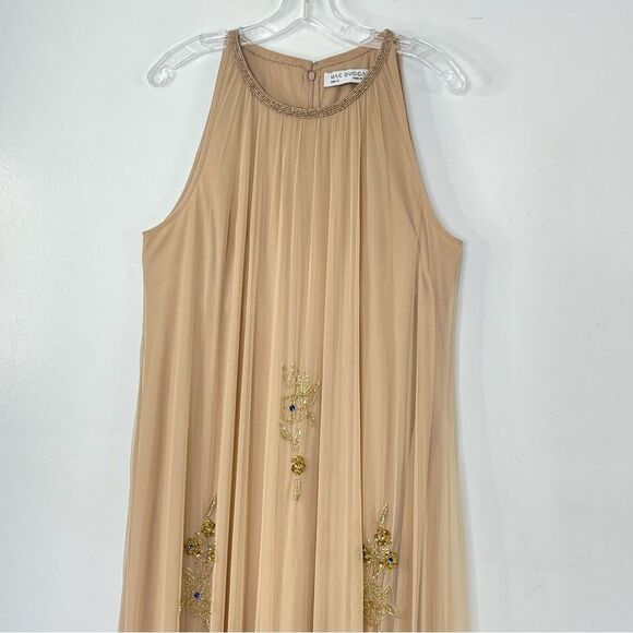 Mac Duggal 9232 High Neck Jewel Hem Embellished Trapeze Nude Gold Gown, Size 14 - Picture 4 of 10
